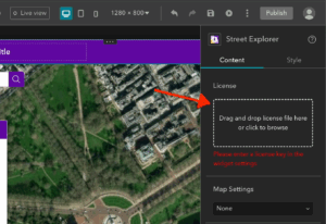 A screenshot of a Geovonic widget in ArcGIS Experience Builder. A license file needs to be added to continue