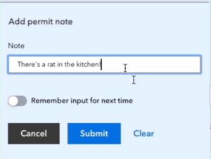 An ArcGIS Experience Builder user adds a ServiceNow note to a permit