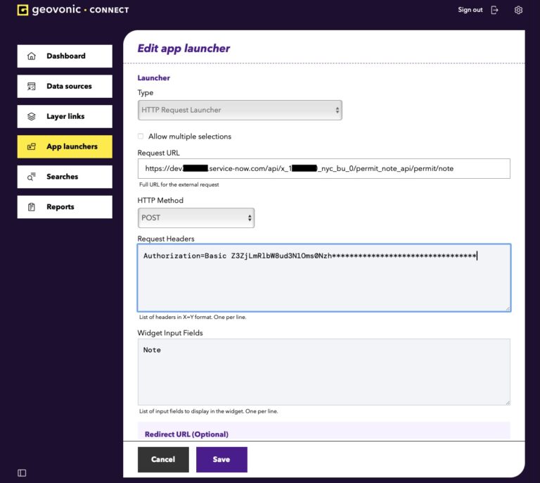 Geovonic Connect admin console showing a Launcher definition for ServiceNow
