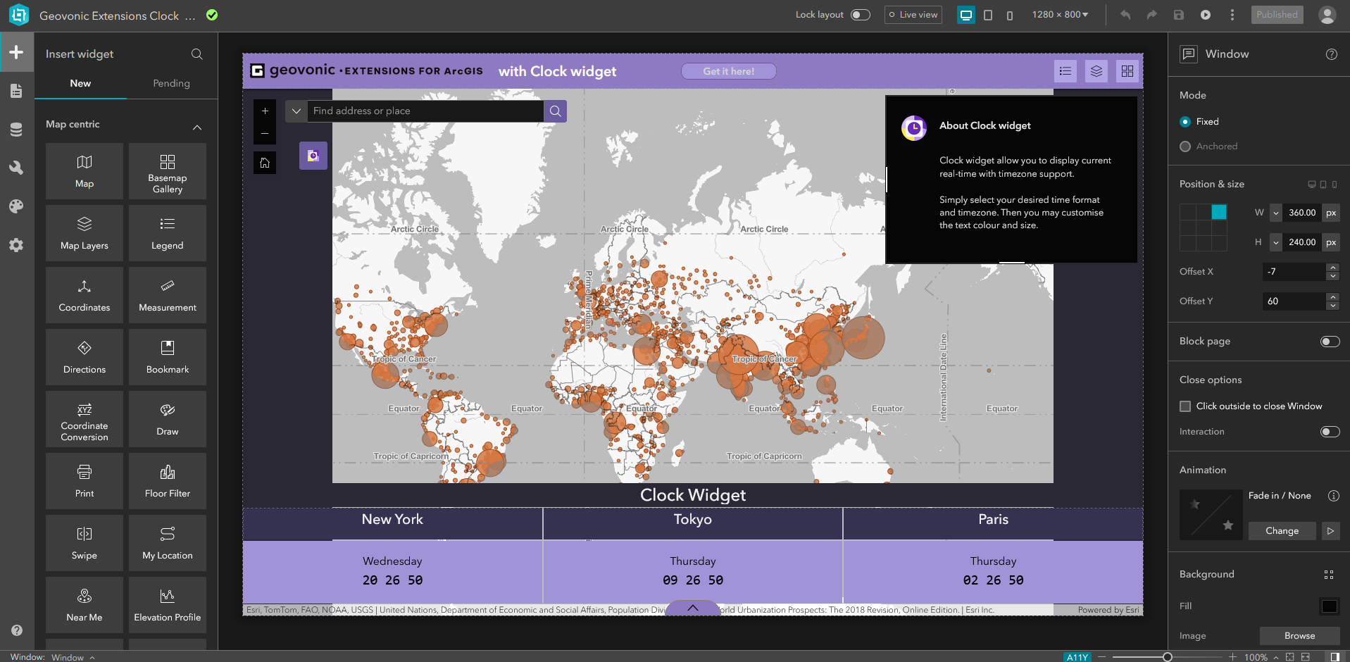 A screenshot of ArcGIS Experience Builder using Geovonic widget collection
