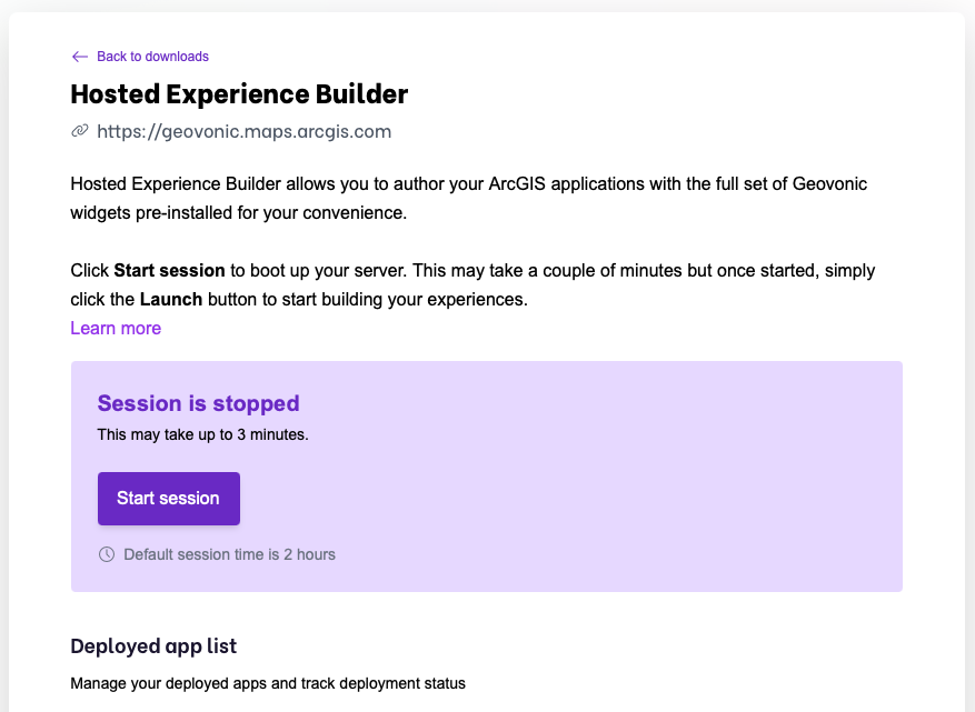A screenshot showing the Hosted Experience Builder tools within the Geovonic website.